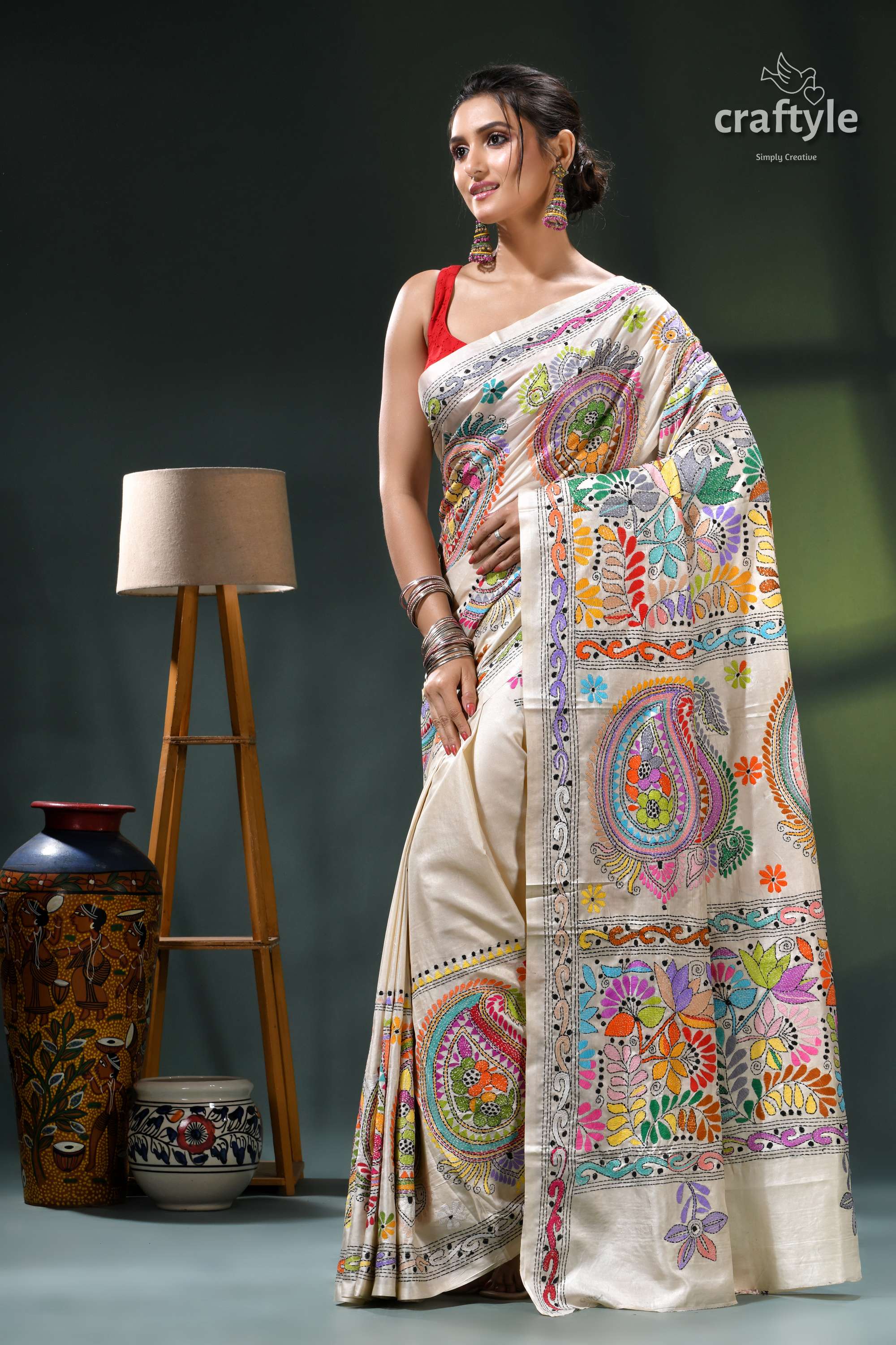 Multi-thread Floral Designer Silk Kantha Work Saree in White