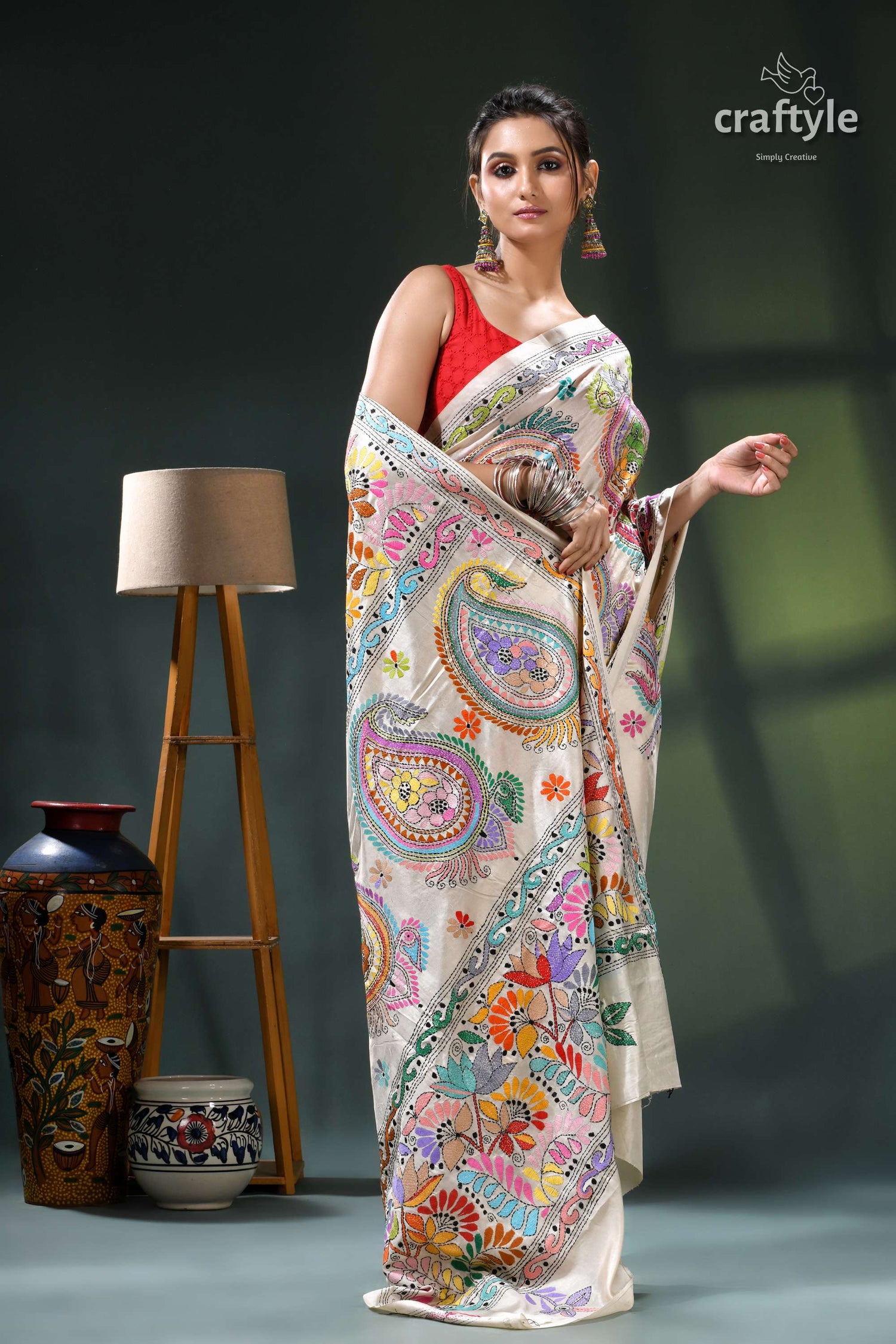 Multi-thread Floral Designer Silk Kantha Work Saree in White