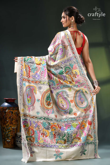 Multi-thread Floral Designer Silk Kantha Work Saree in White