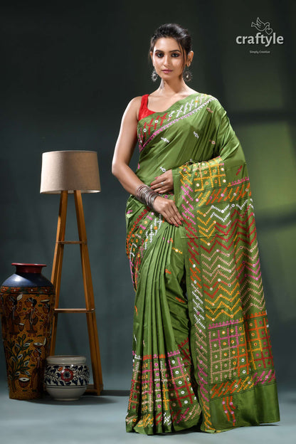 Sap Green Multicolor Kutch Embroidery Silk Saree - Mirror Work