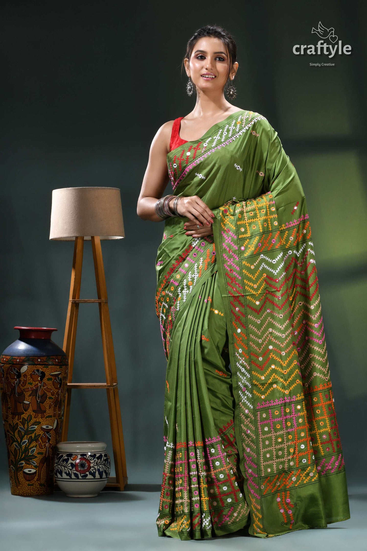 Sap Green Multicolor Kutch Embroidery Silk Saree - Mirror Work