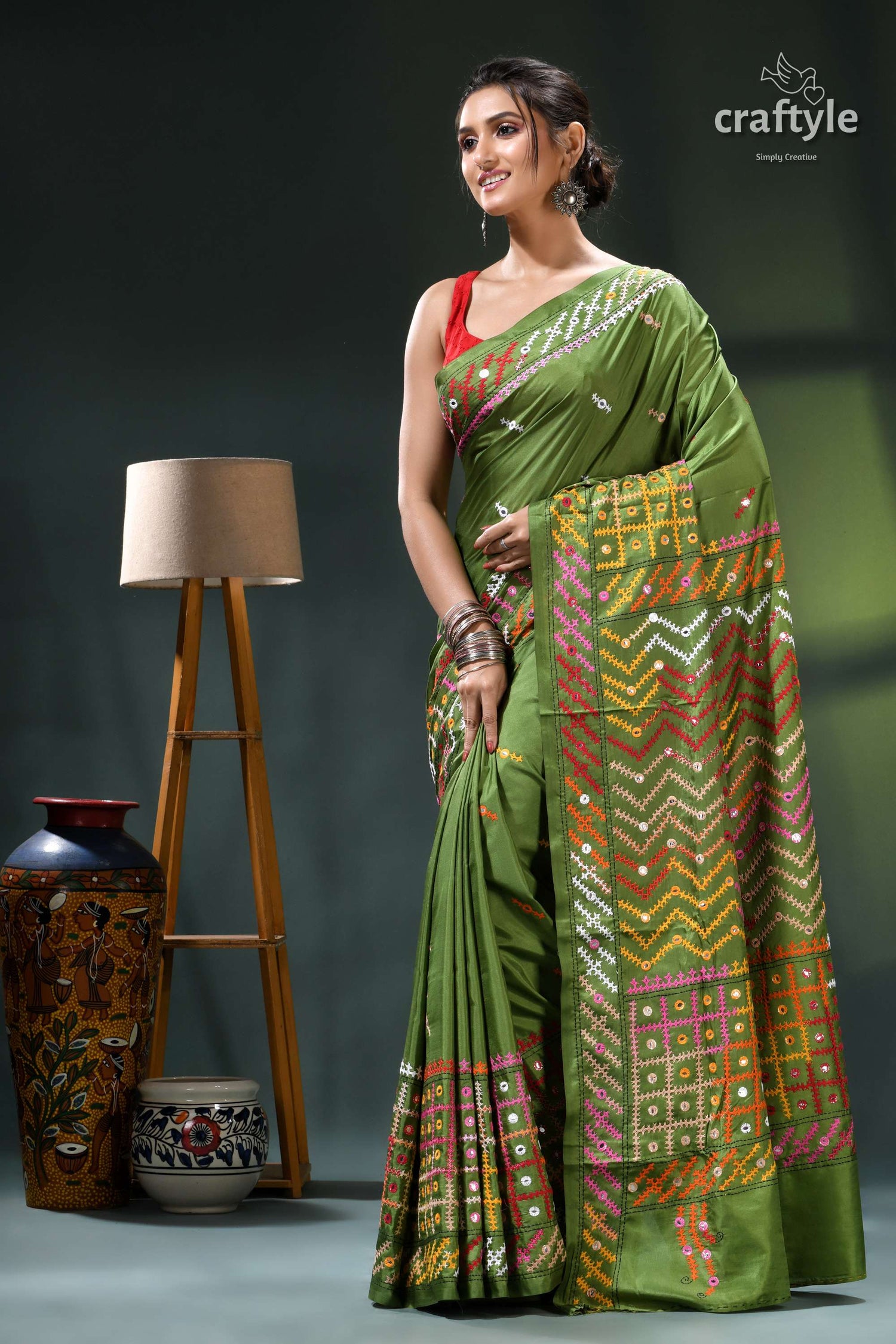Sap Green Multicolor Kutch Embroidery Silk Saree - Mirror Work
