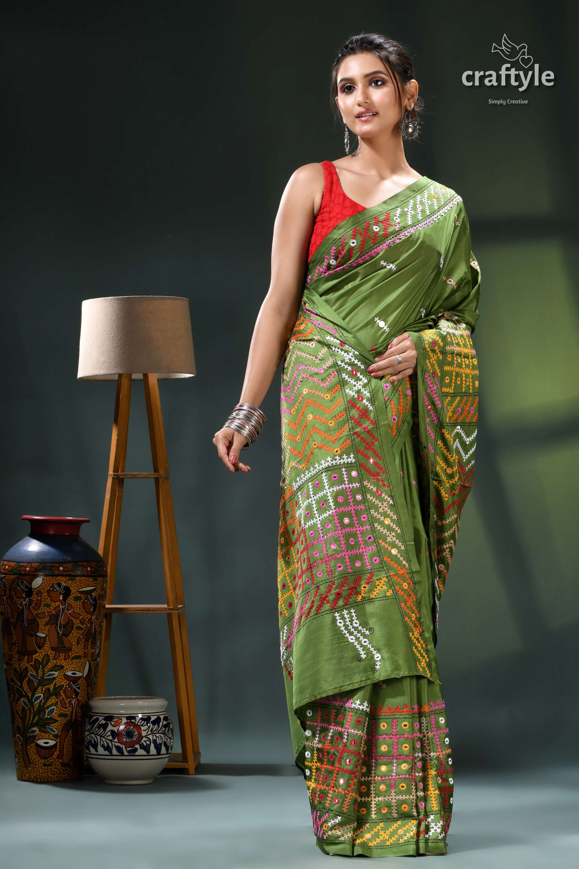 Sap Green Multicolor Kutch Embroidery Silk Saree - Mirror Work