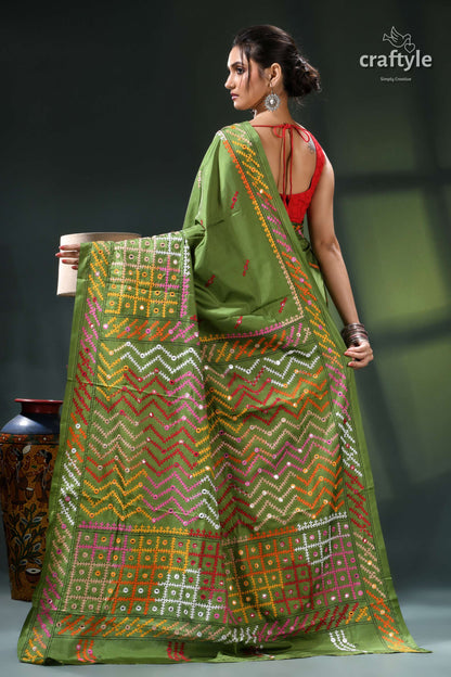 Sap Green Multicolor Kutch Embroidery Silk Saree - Mirror Work