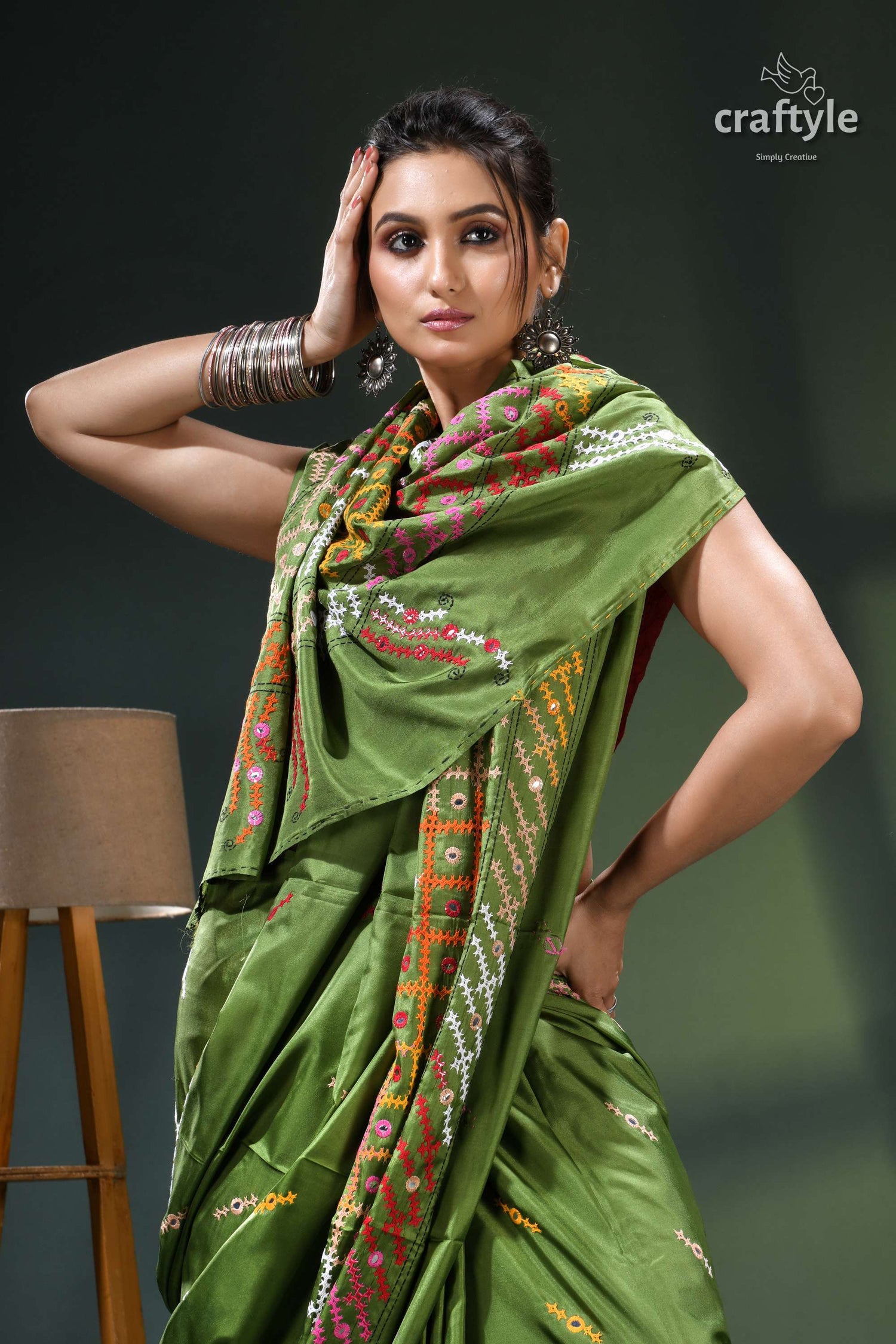 Sap Green Multicolor Kutch Embroidery Silk Saree - Mirror Work