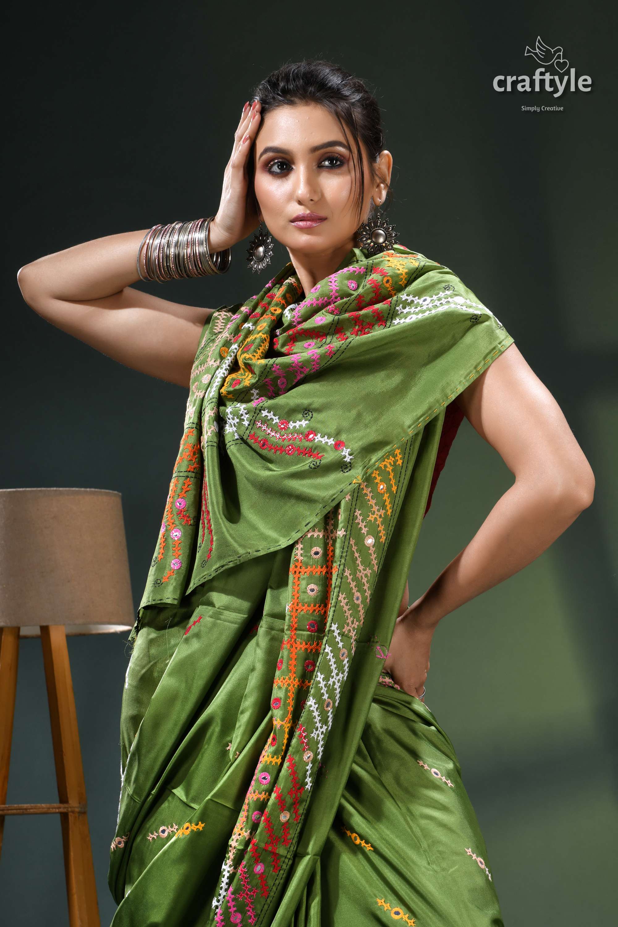 Sap Green Multicolor Kutch Embroidery Silk Saree - Mirror Work