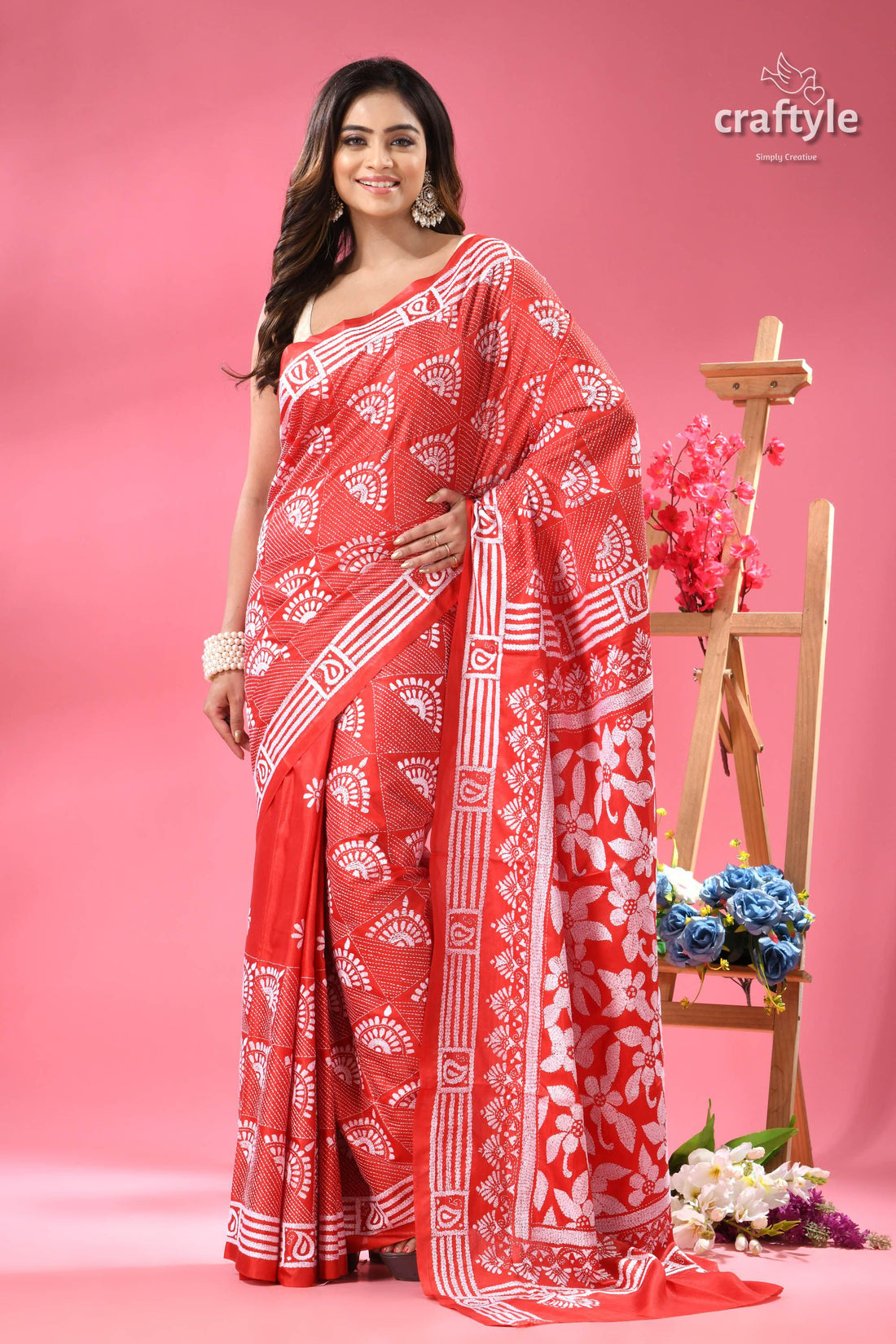 Amaranth Red and White Floral Exclusive Kantha Silk Saree