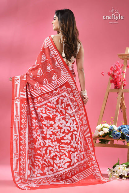 Amaranth Red and White Floral Exclusive Kantha Silk Saree