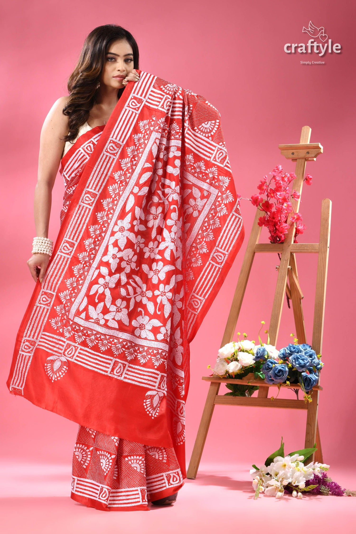 Amaranth Red and White Floral Exclusive Kantha Silk Saree