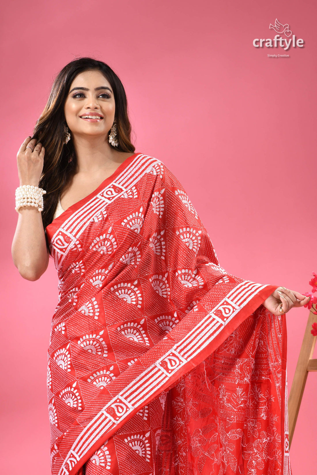 Amaranth Red and White Floral Exclusive Kantha Silk Saree