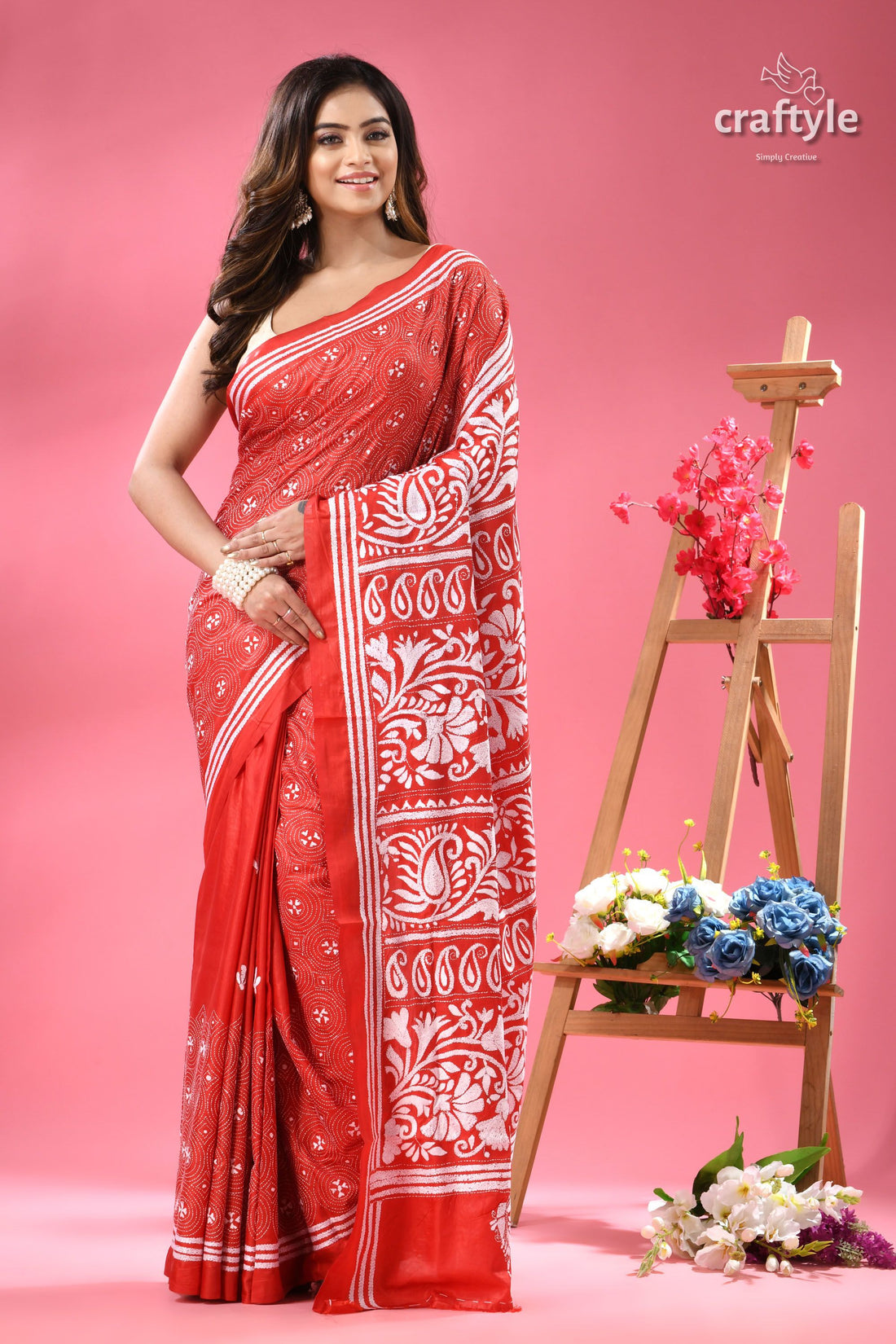 Bright Red White Thread Handmade Silk Kantha Saree