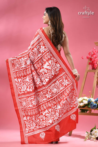 Bright Red White Thread Handmade Silk Kantha Saree