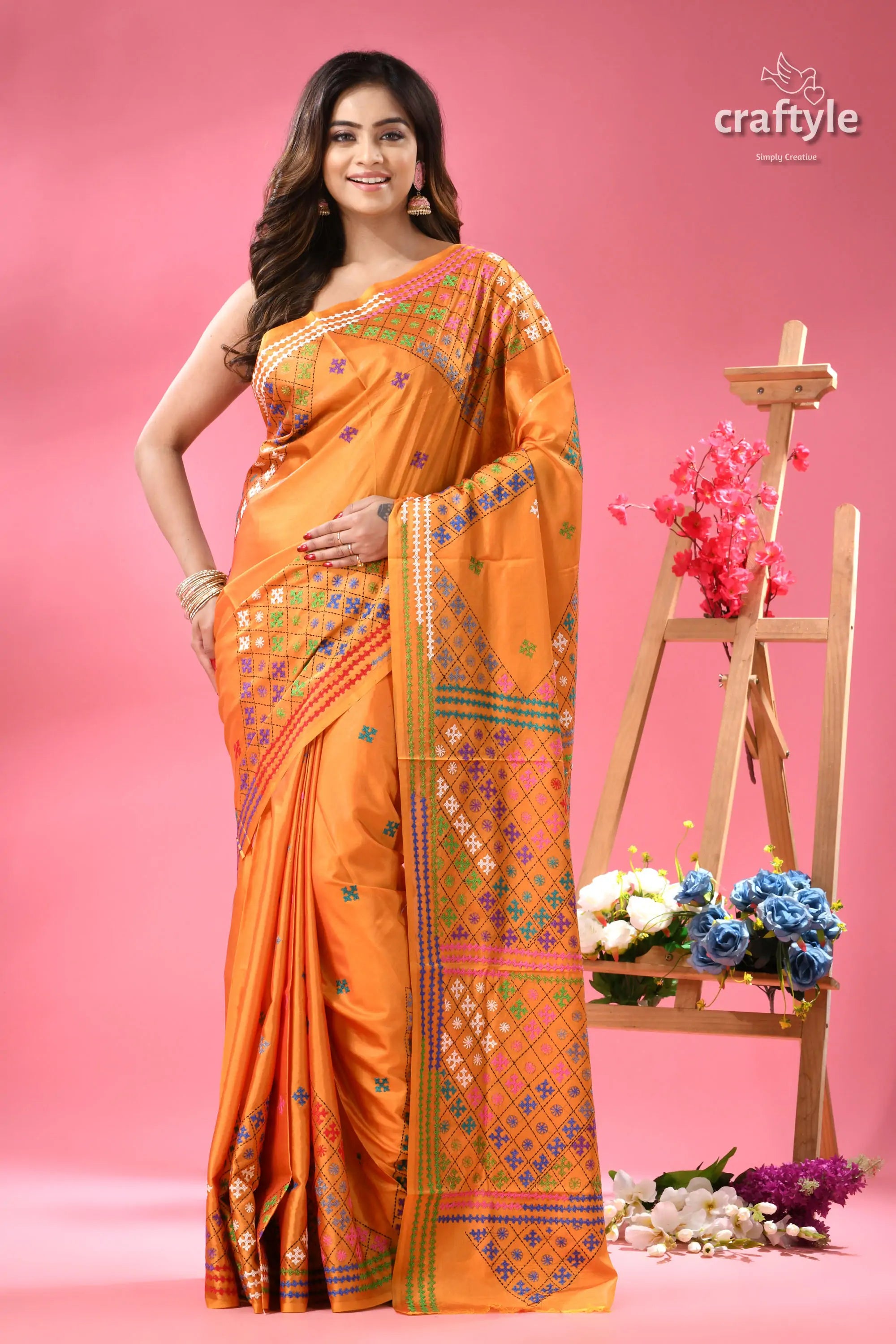 Yellow Orange Dualtone Gujrati Stitch Saree