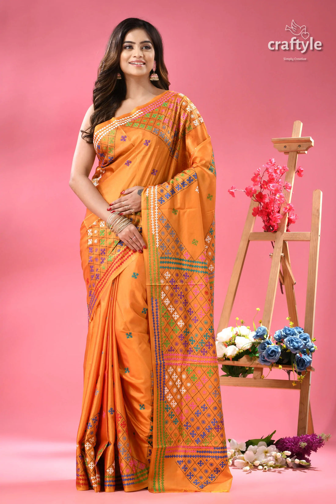 Yellow Orange Dualtone Gujrati Stitch Saree