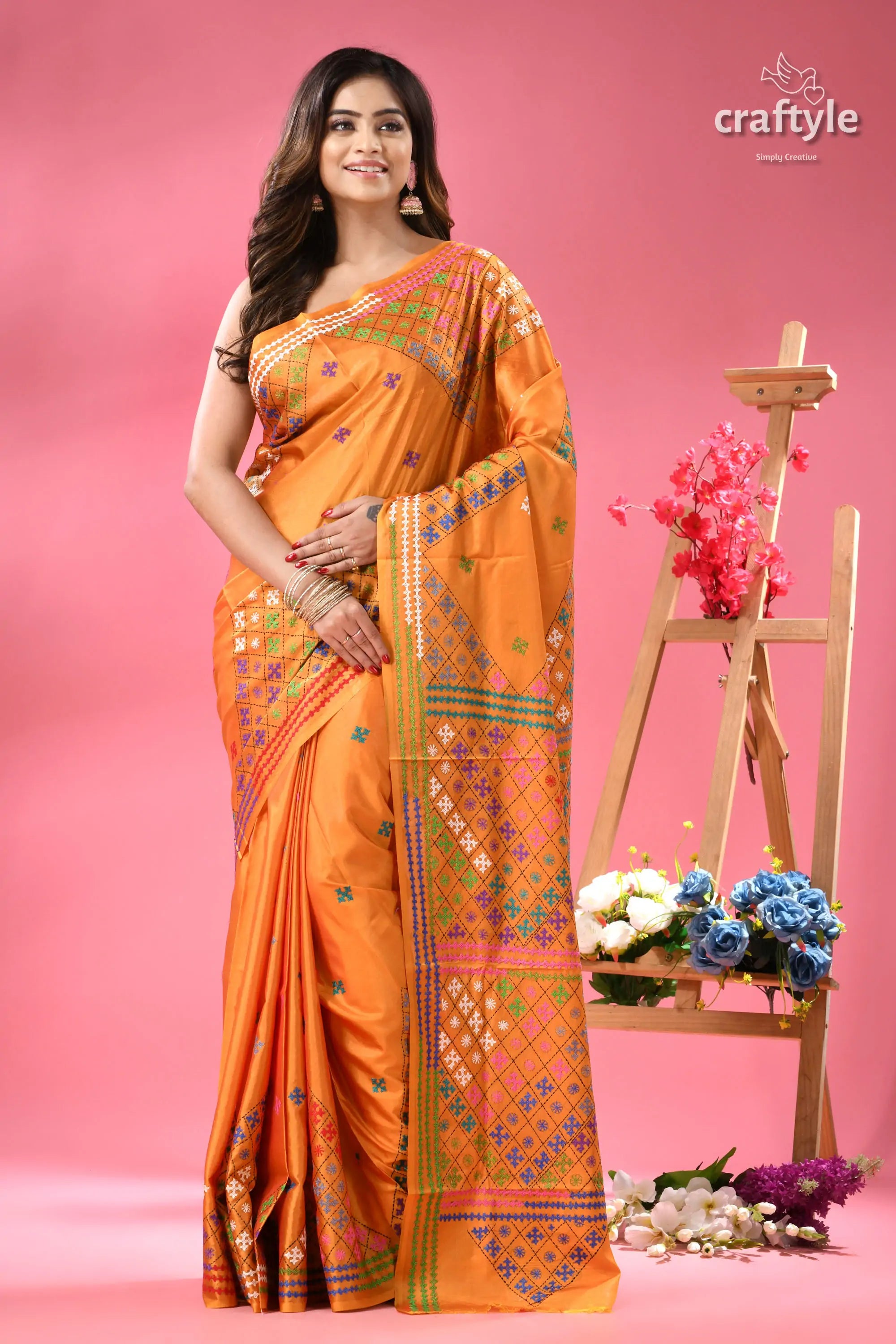 Yellow Orange Dualtone Gujrati Stitch Saree