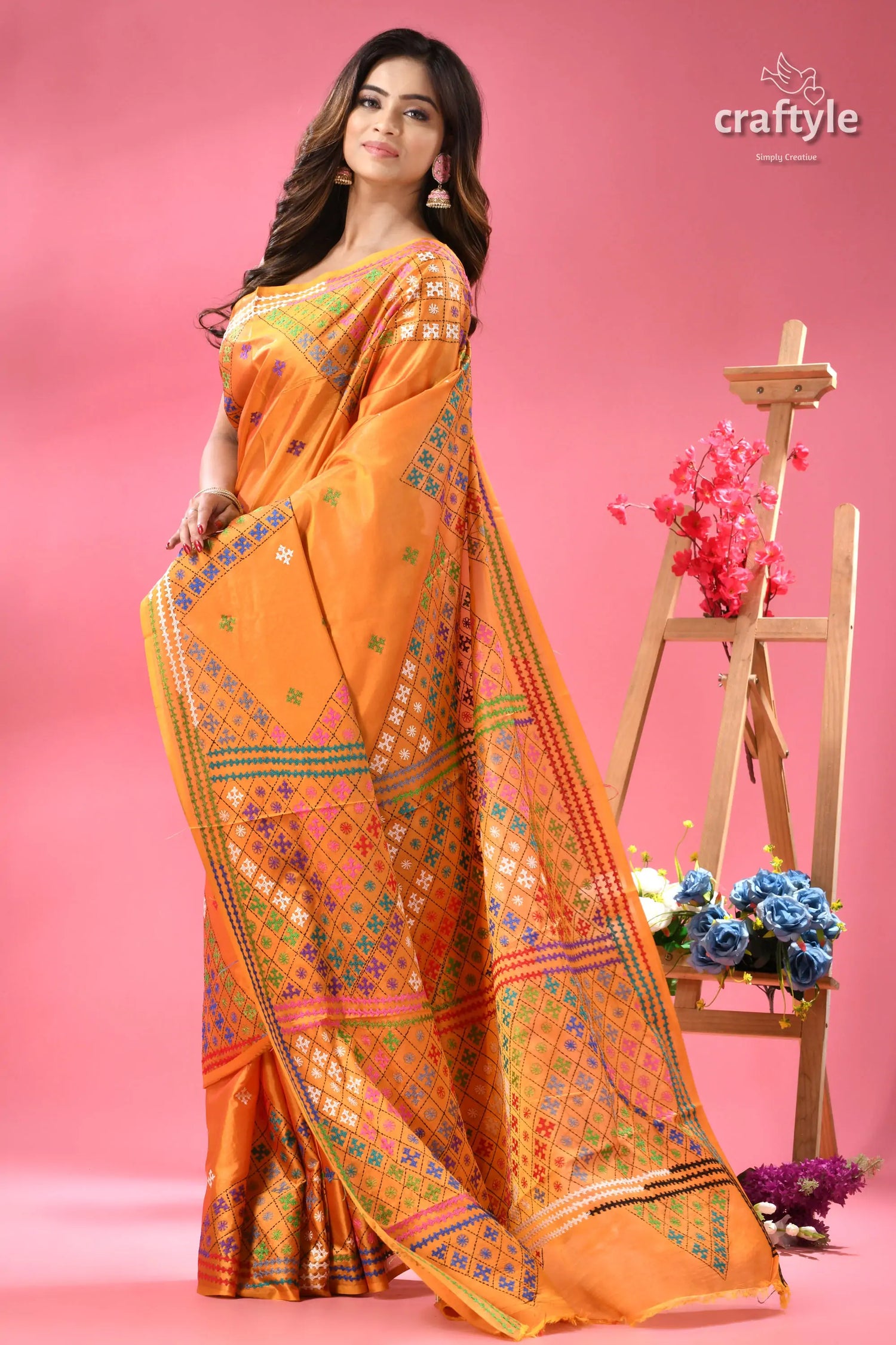 Yellow Orange Dualtone Gujrati Stitch Saree