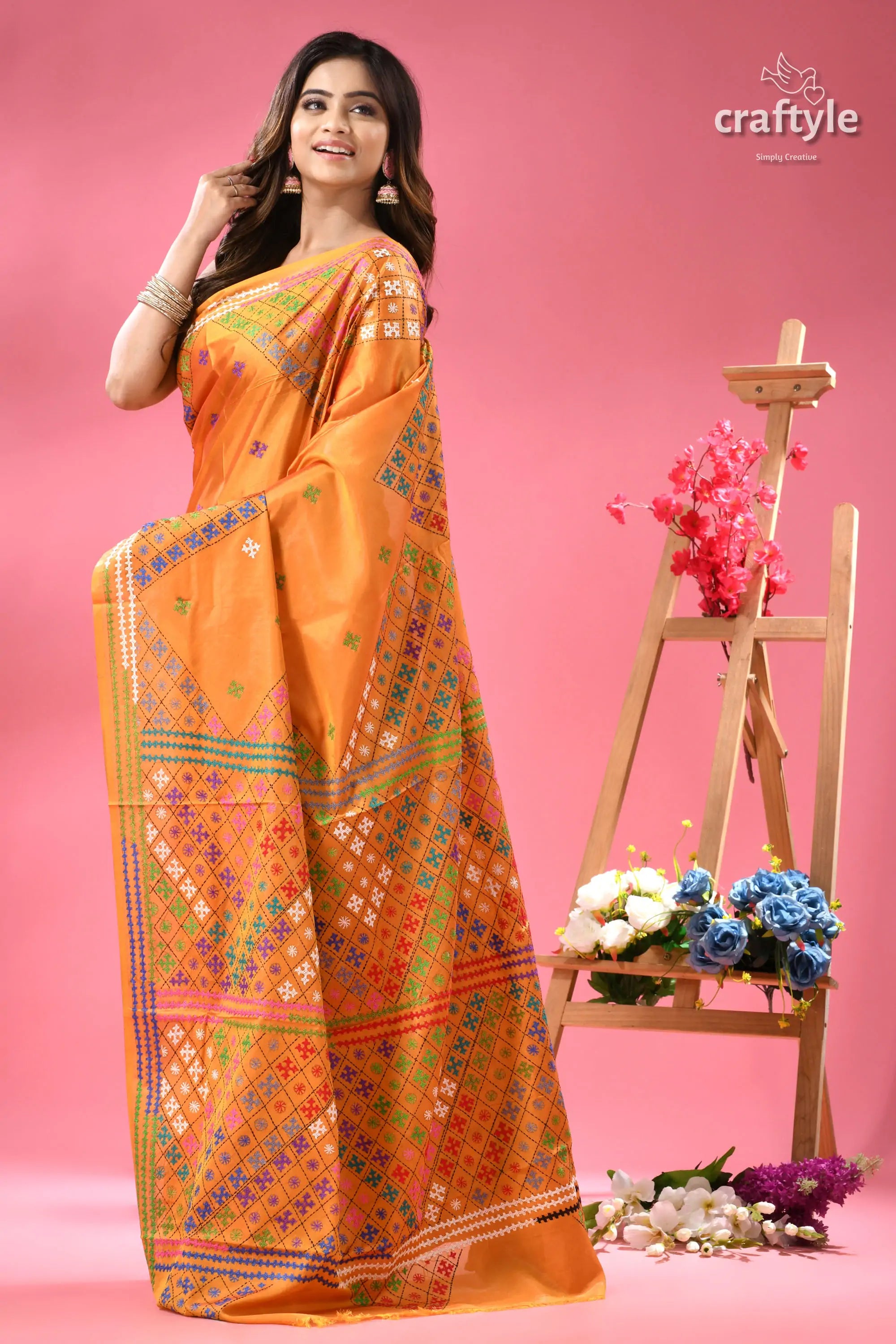 Yellow Orange Dualtone Gujrati Stitch Saree