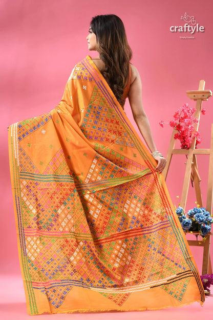 Yellow Orange Dualtone Gujrati Stitch Saree