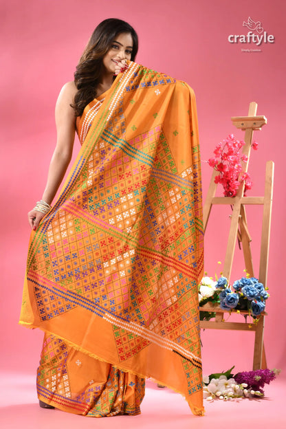 Yellow Orange Dualtone Gujrati Stitch Saree