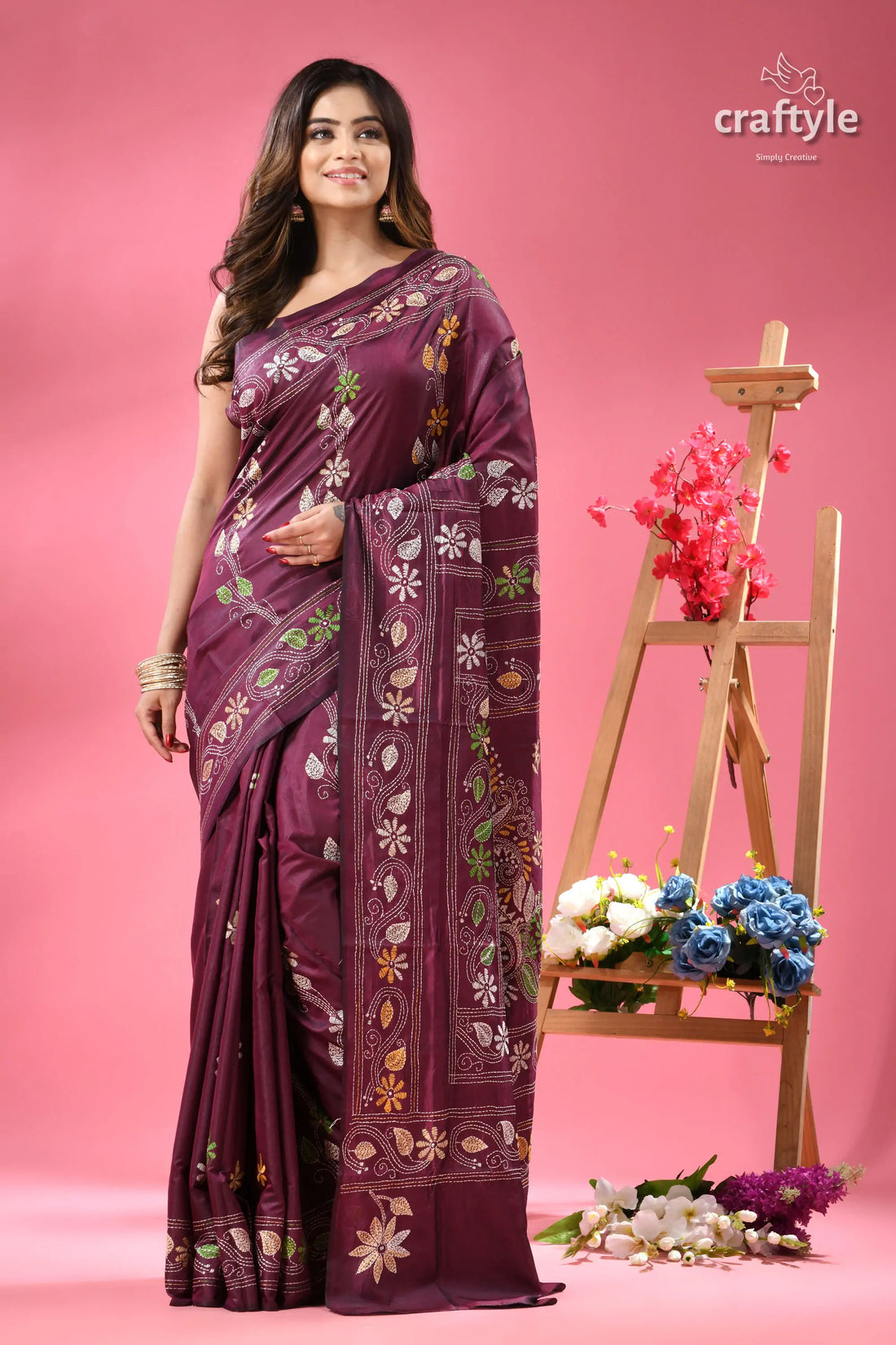 Palatinate Purple Bengal Heritage Silk Kantha Saree