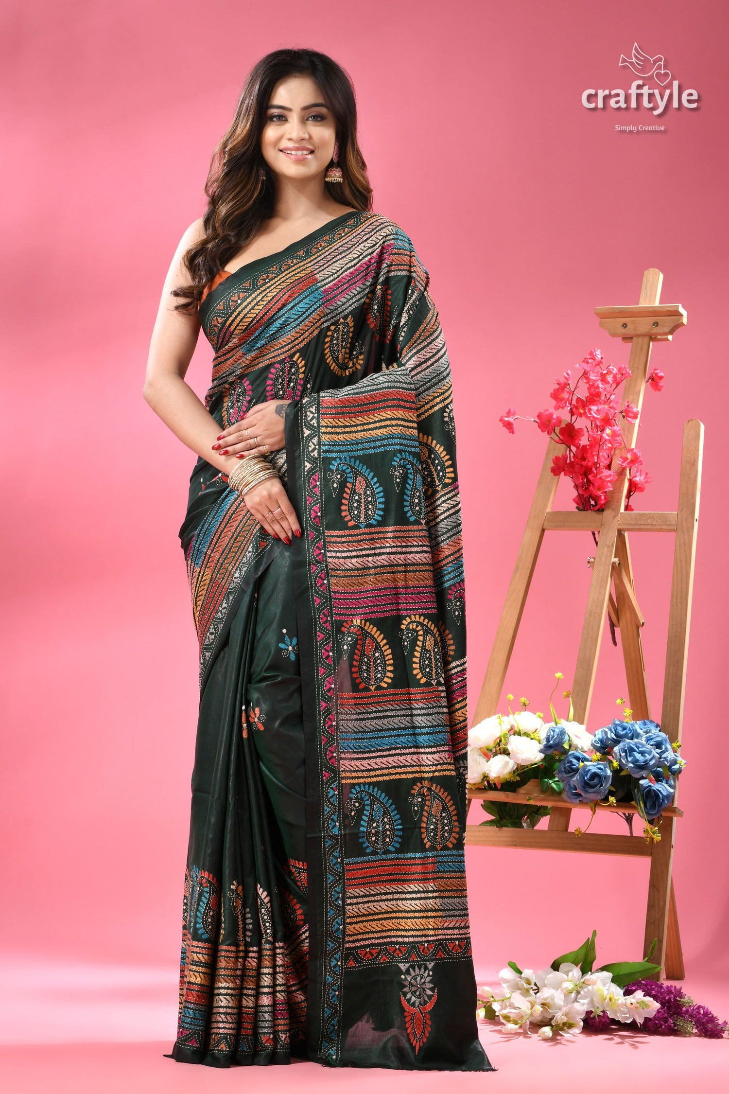 County Green Multi-thread Kantha Stitch Silk Saree