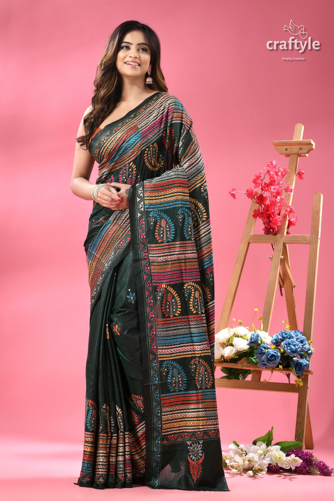 County Green Multi-thread Kantha Stitch Silk Saree