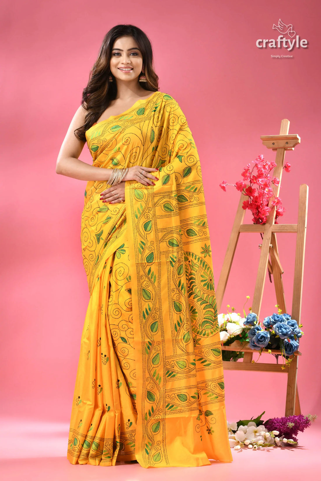Pantone Yellow Hand Embroidered Silk Kantha Saree