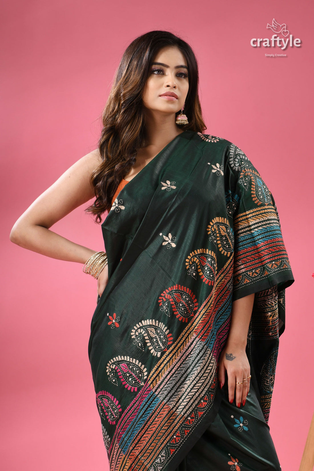 County Green Multi-thread Kantha Stitch Silk Saree