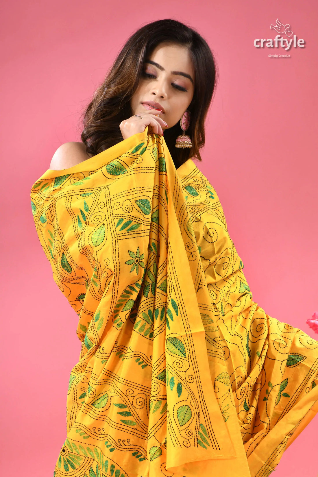 Pantone Yellow Hand Embroidered Silk Kantha Saree