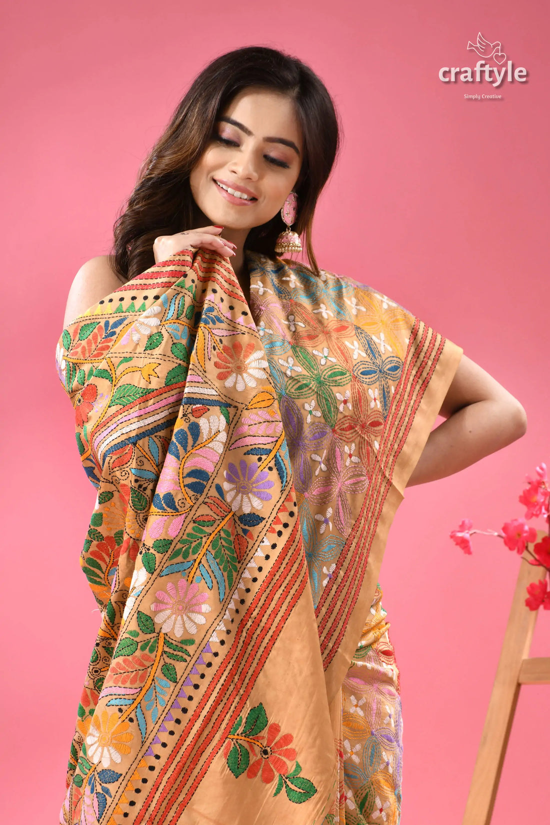 Rodeo Dust Multi-thrtead Kantha Stitched Silk Saree