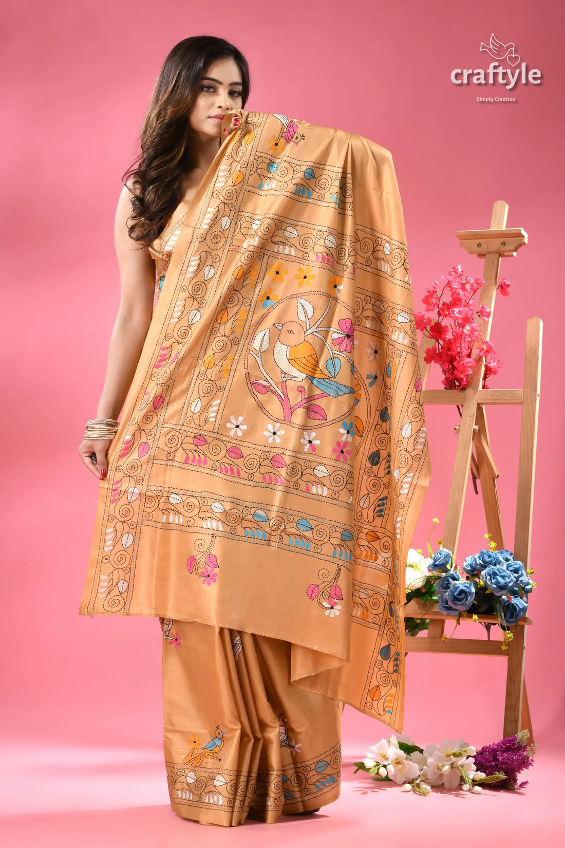Sapling Multicolor Nature Theme Kantha Silk Saree