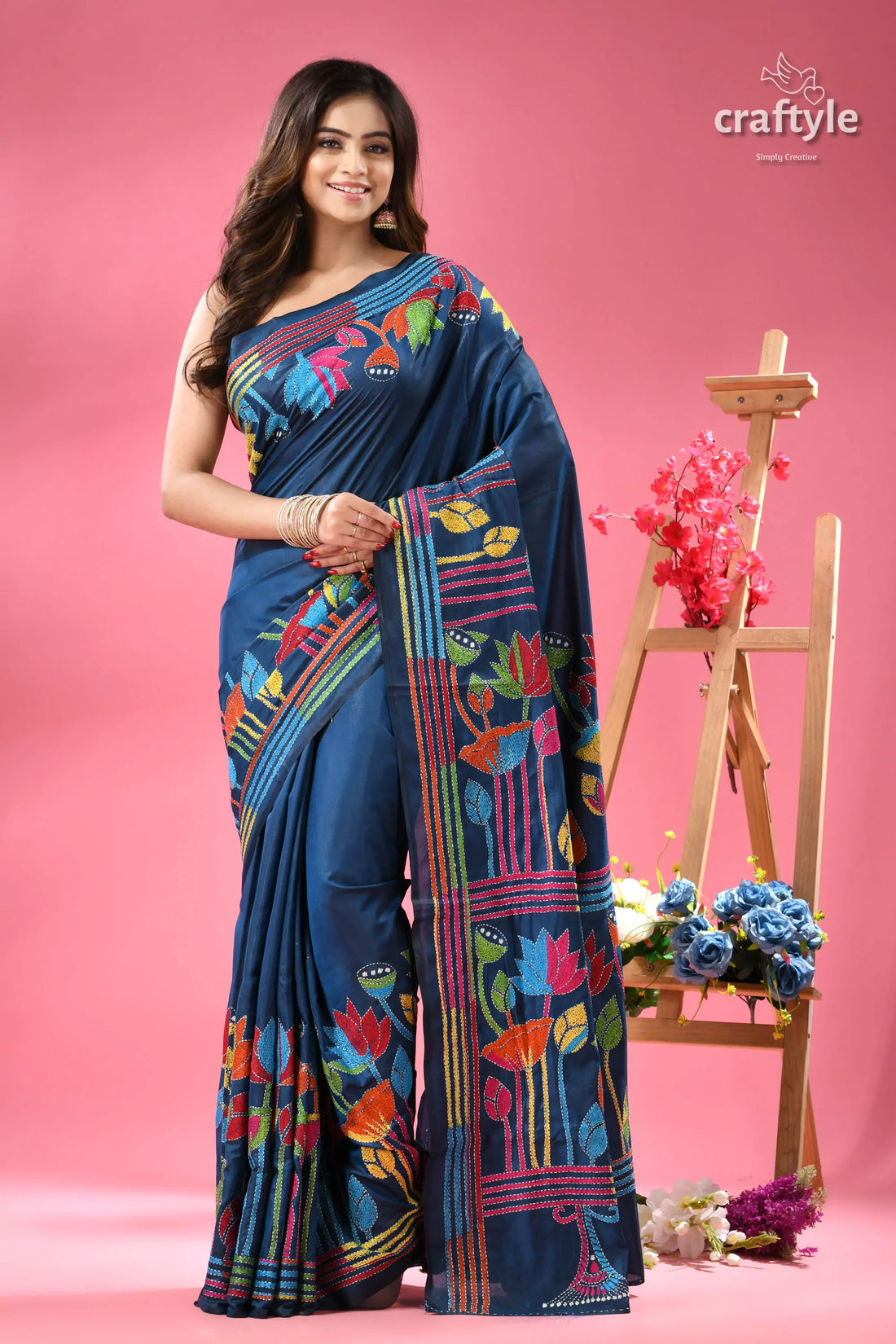 Venice Blue Lotus Design Kantha Embroidery Silk Sari
