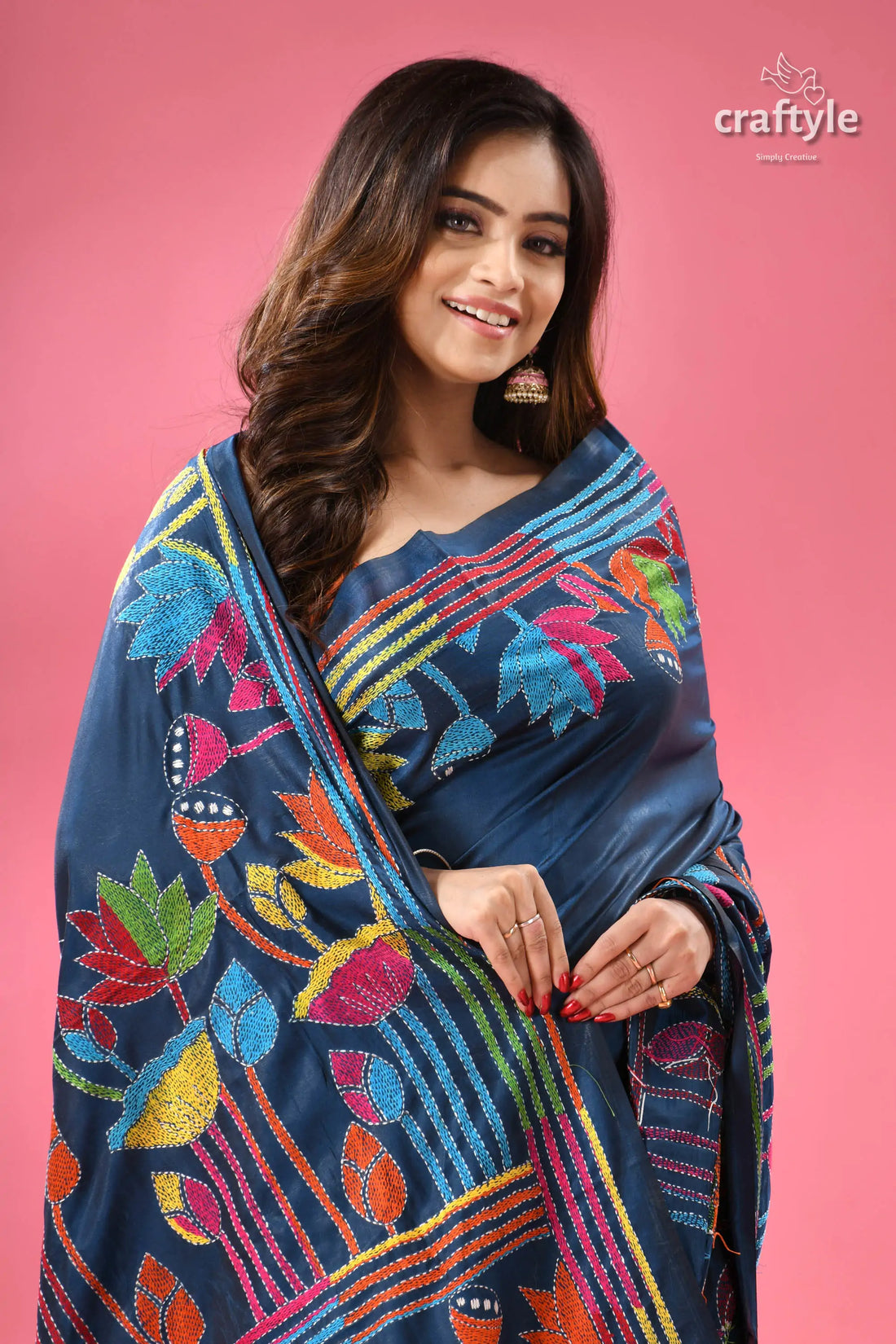 Venice Blue Lotus Design Kantha Embroidery Silk Sari