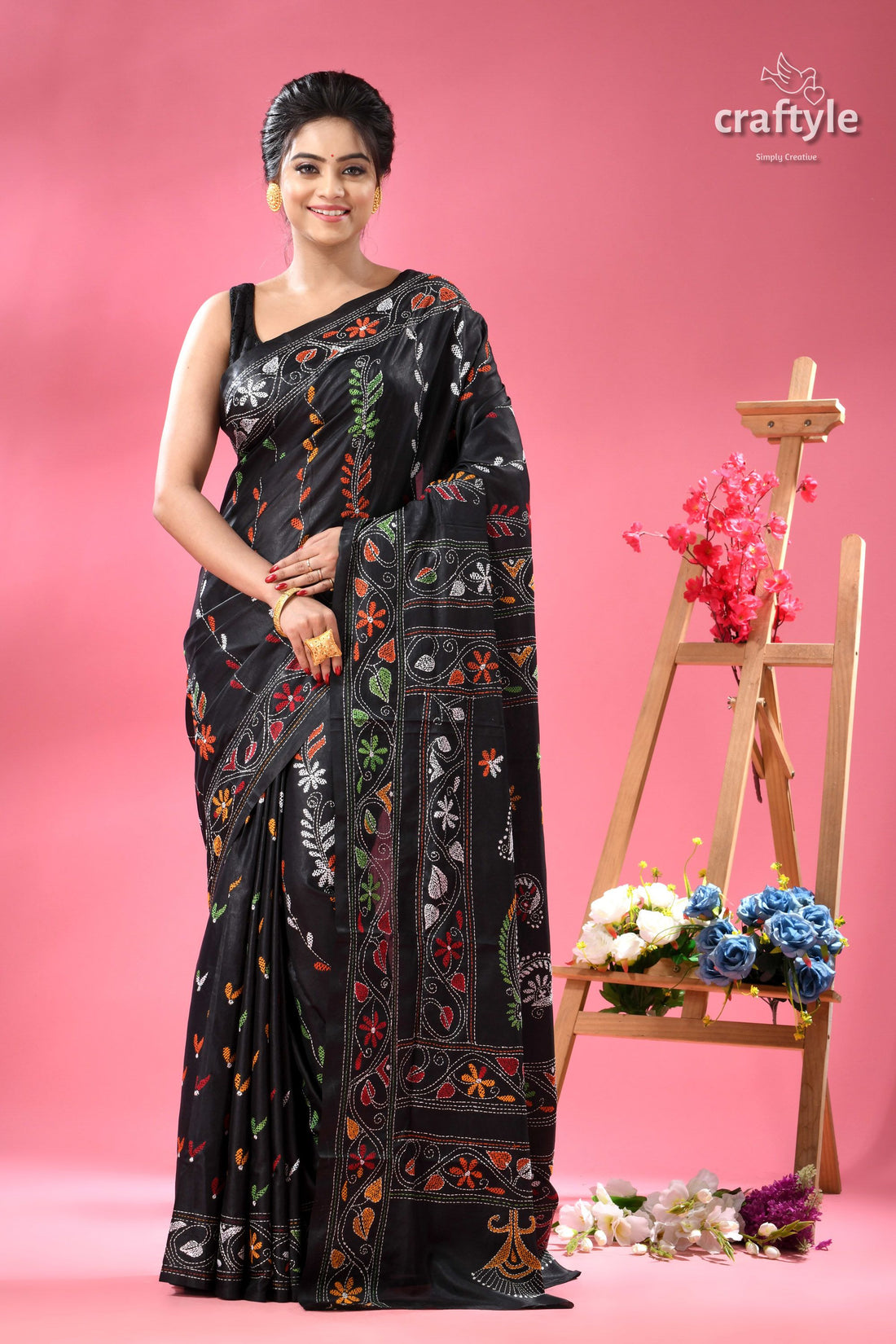 Ebony Black Party Wear Silk Kantha Stitch Saree