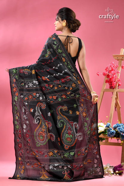 Ebony Black Party Wear Silk Kantha Stitch Saree