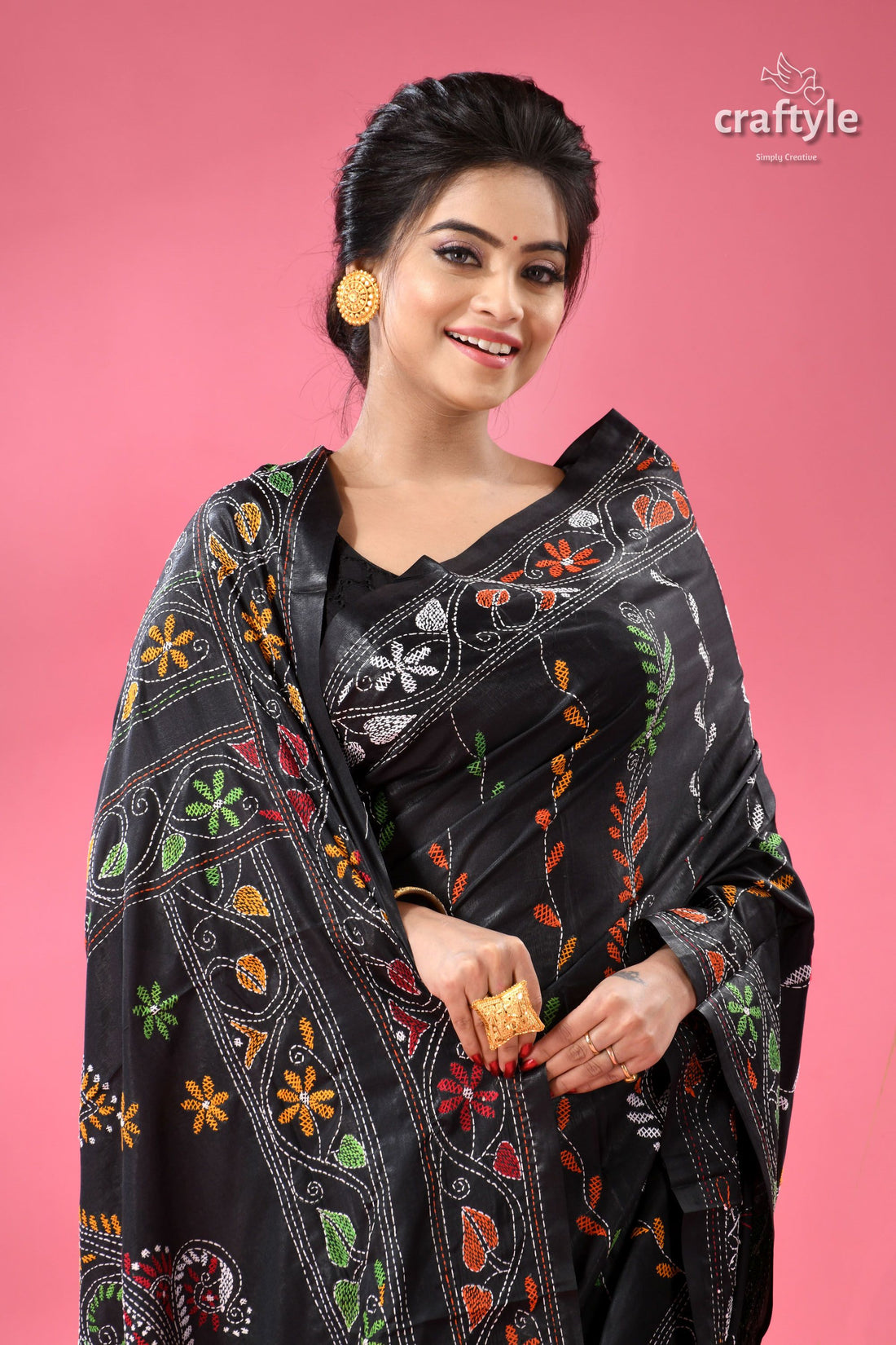 Ebony Black Party Wear Silk Kantha Stitch Saree
