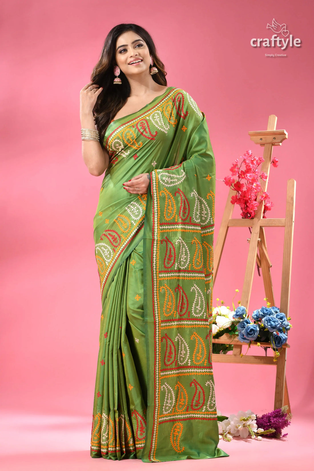Pistachio Green Artisanal Silk Gujrati Stitch Saree