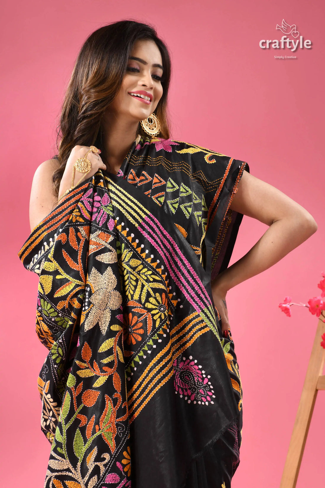 Rich Black Multi-thread Floral Premium Kantha Silk Saree