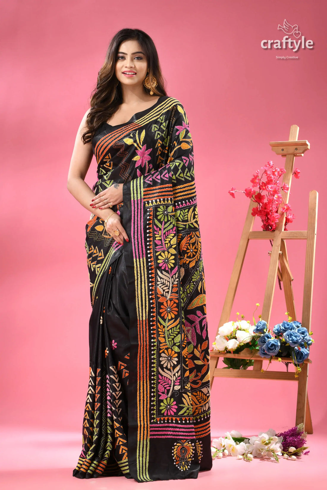 Rich Black Multi-thread Floral Premium Kantha Silk Saree