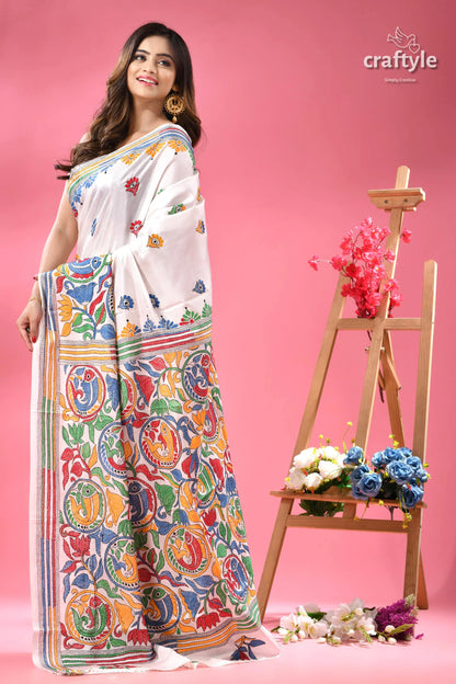 White with Multicolor Fish Motif Silk Kantha Work Saree