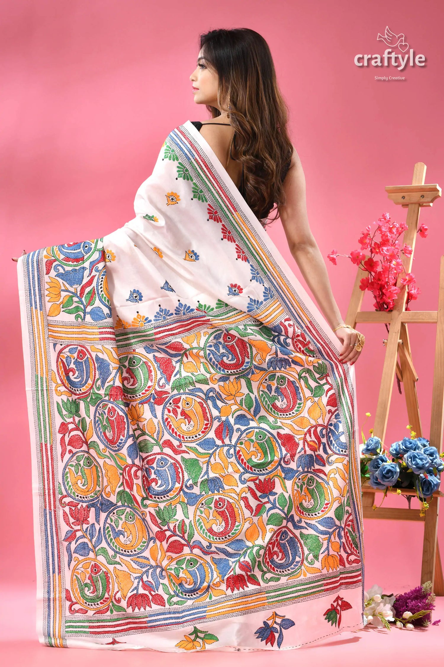 White with Multicolor Fish Motif Silk Kantha Work Saree