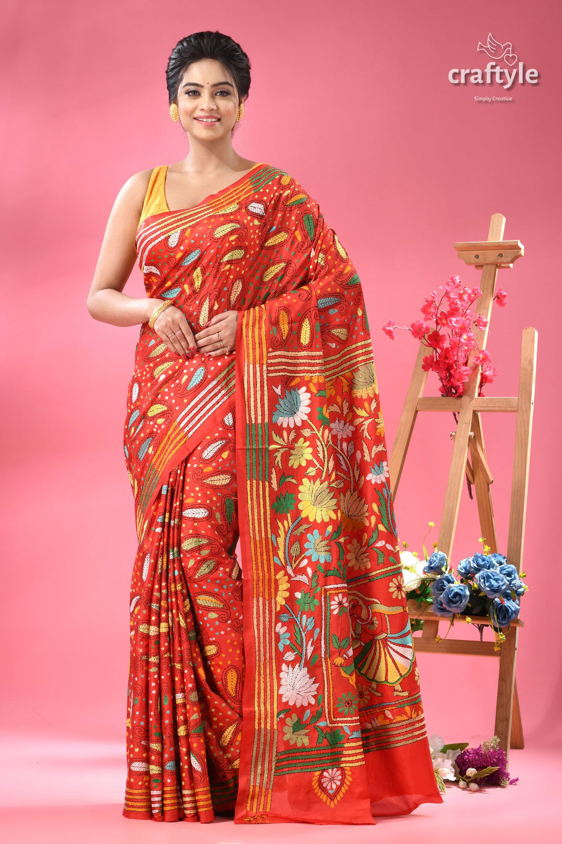 Artisan Crafted Lava Red Silk Kantha Work Saree