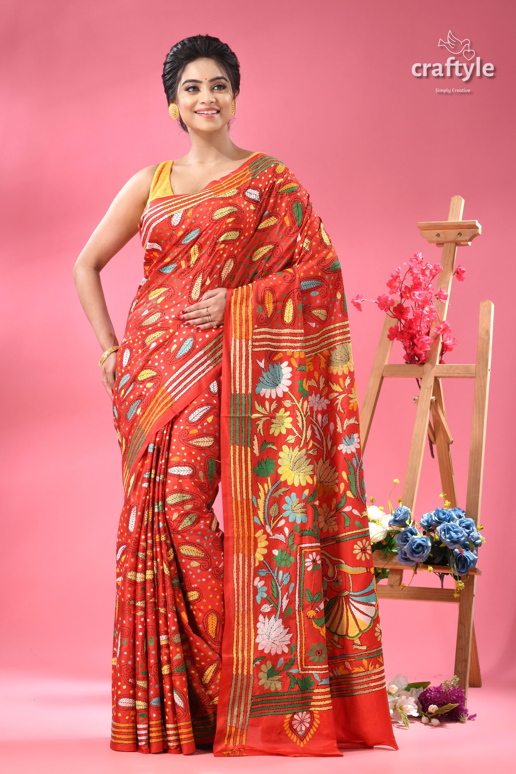 Artisan Crafted Lava Red Silk Kantha Work Saree