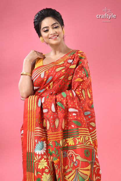 Artisan Crafted Lava Red Silk Kantha Work Saree