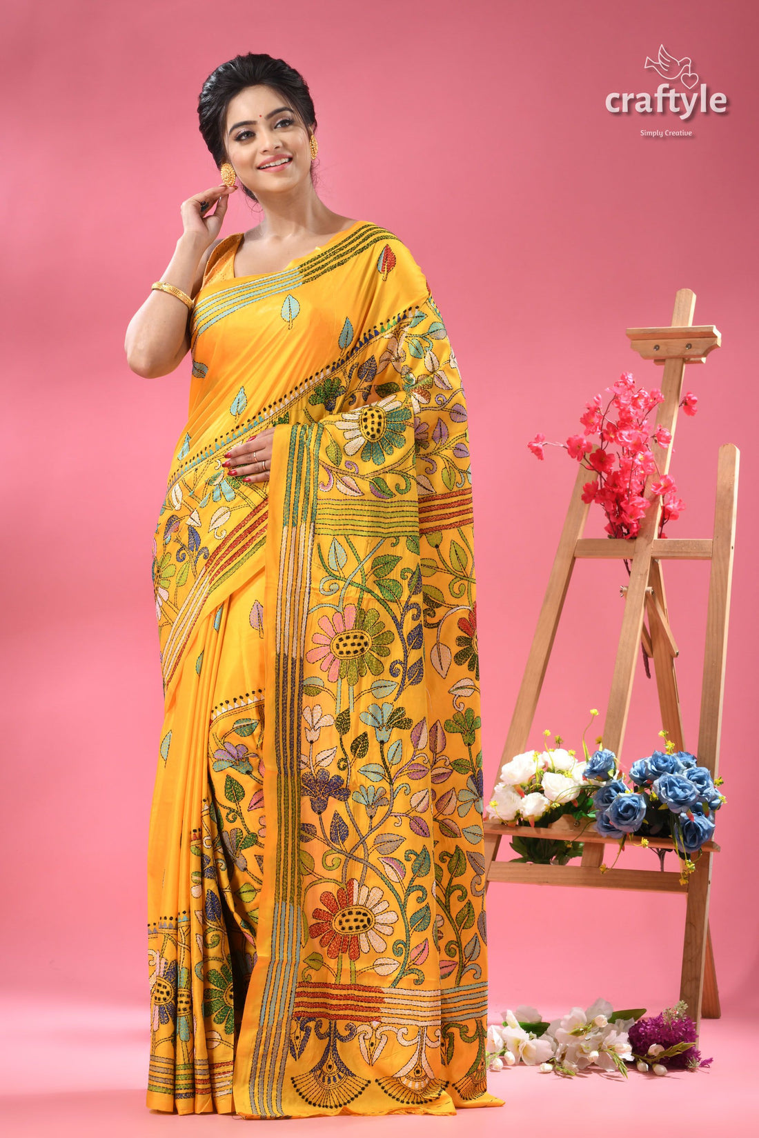 Corn Yellow Silk Kantha Work Saree - Botanical Design