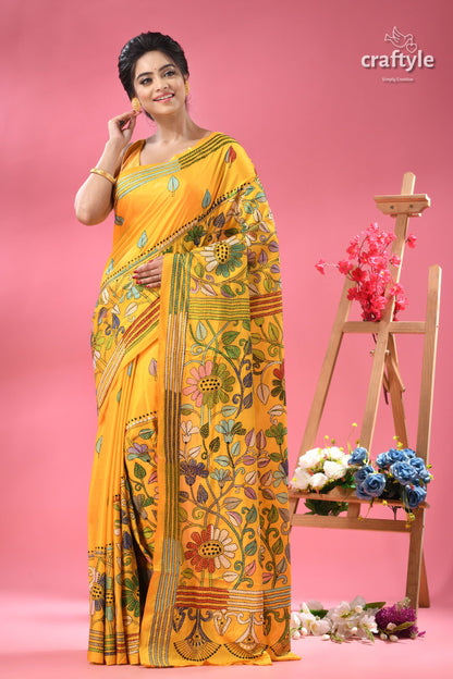 Corn Yellow Silk Kantha Work Saree - Botanical Design