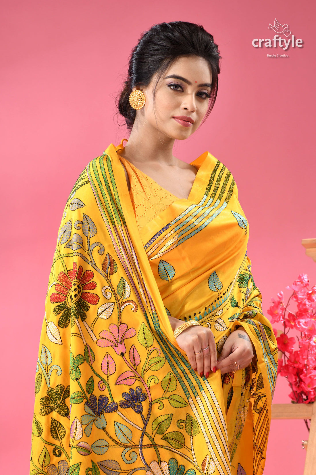 Corn Yellow Silk Kantha Work Saree - Botanical Design