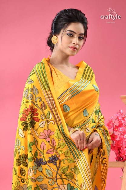 Corn Yellow Silk Kantha Work Saree - Botanical Design