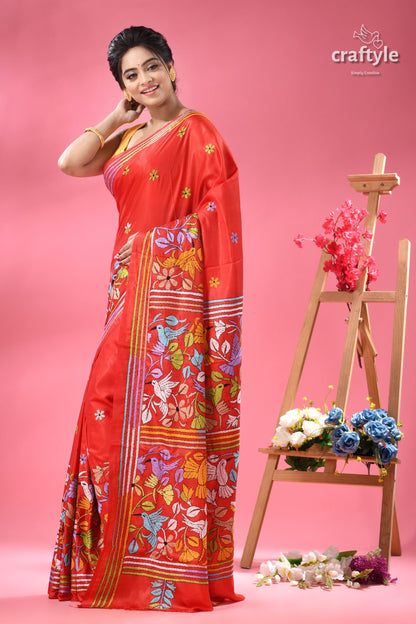 Crimson Red Exquisite Silk Kantha Sari
