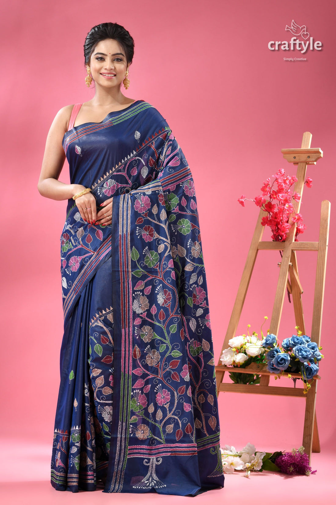 Cataline Blue Hibiscus Theme Kantha Embroidery Silk Sari